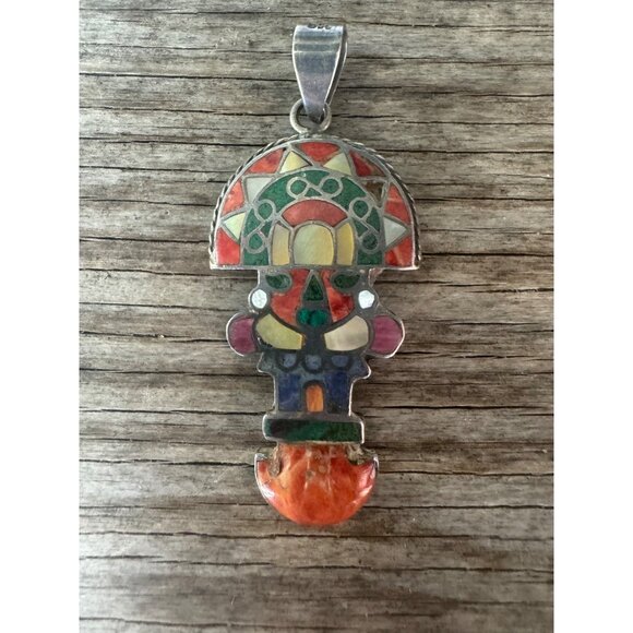 Sterling Jewelry - Vintage 950 Silver South American Inlay Figural Pendant Folk Art 2.5” 12.39g